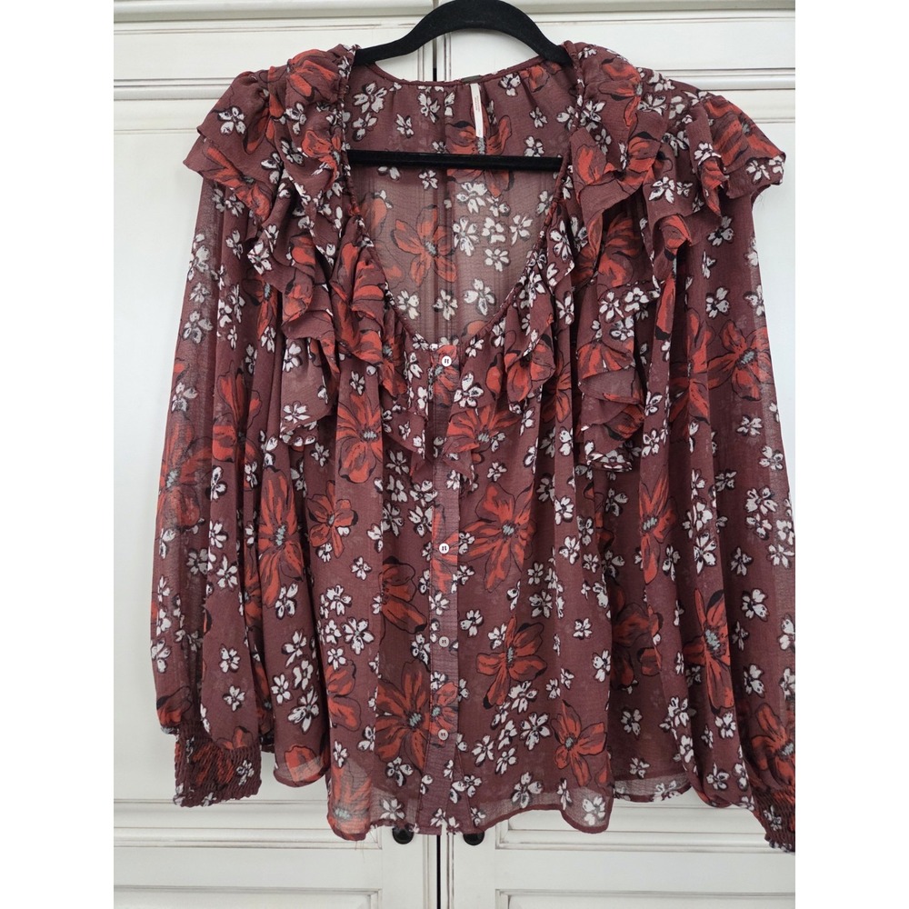 Free People Floral Ruffle Shirt Womens Small Blouse Flowy Feminine Reddish Brown